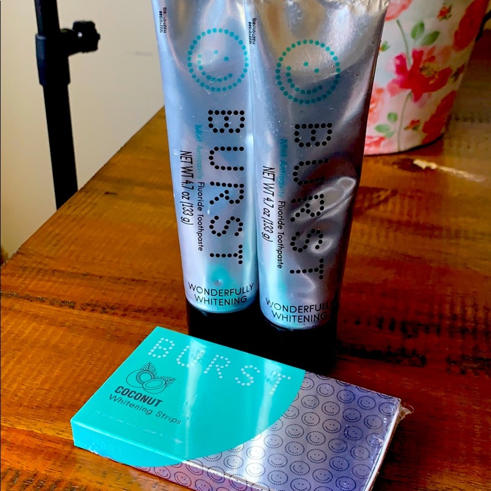 Burst whitening tooth paste, whitening strips